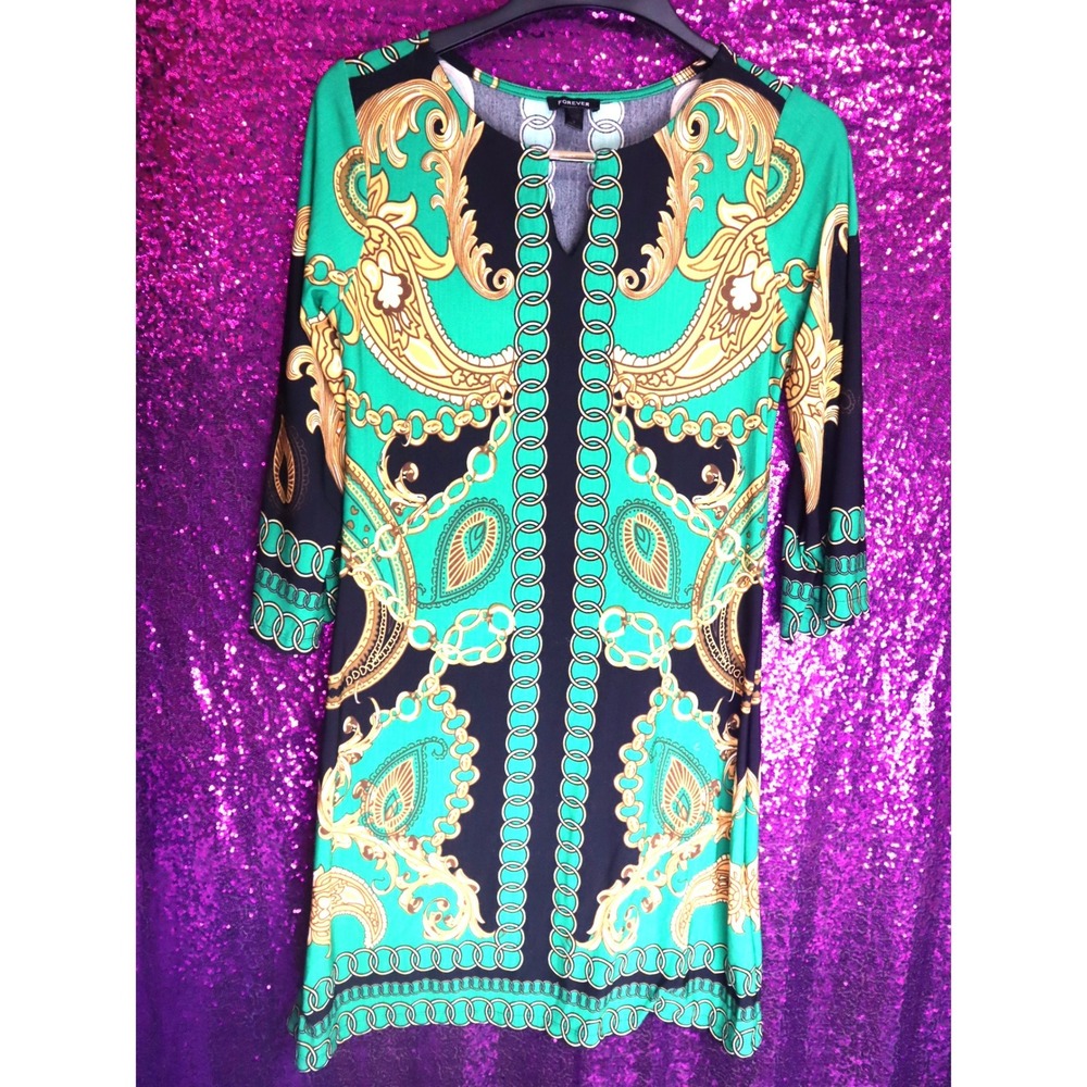 Green Baroque Print Sheath Dress Small Forever 21 Womens 3/4 Sleeve Chain Print